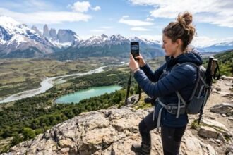Viajero fotografiando un paisaje con su celular