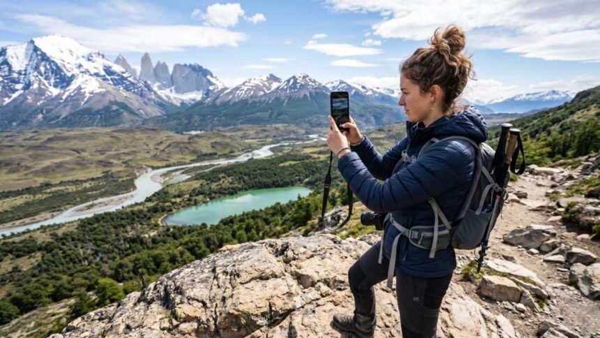 Viajero fotografiando un paisaje con su celular