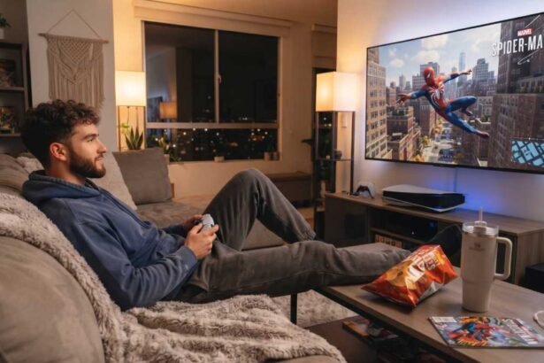 Hombre pasando su fin de semana jugando PS5
