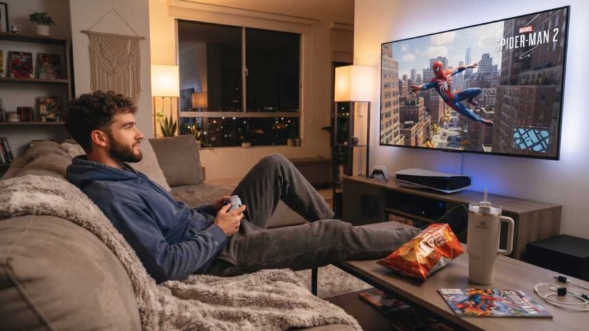 Hombre pasando su fin de semana jugando PS5
