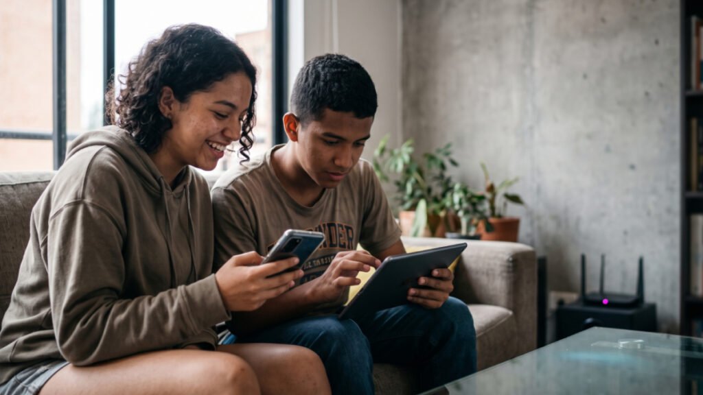 Jóvenes usando dispositivos para acceder a internet