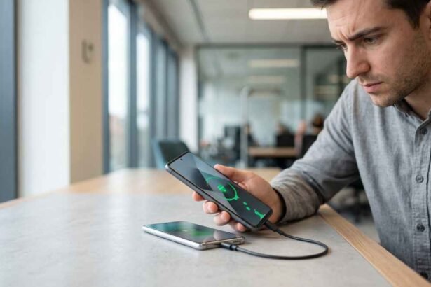 Usuario de un celular con carga reversible