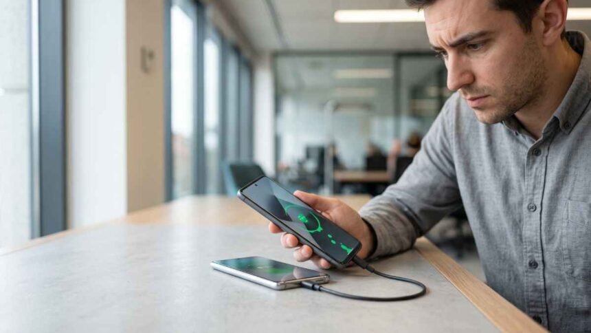 Usuario de un celular con carga reversible